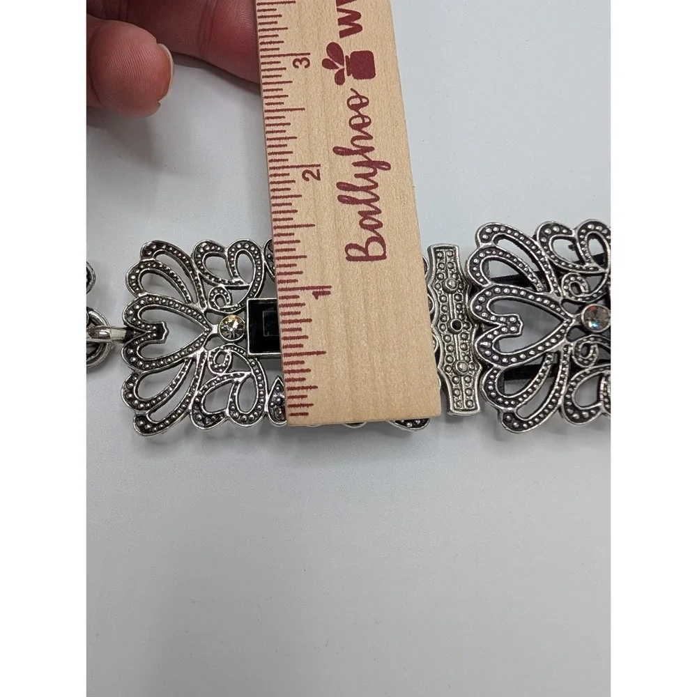 Coldwater Creek Marcasite w/ Black Glass & Rhinestone Buckle Silver Chain Belt